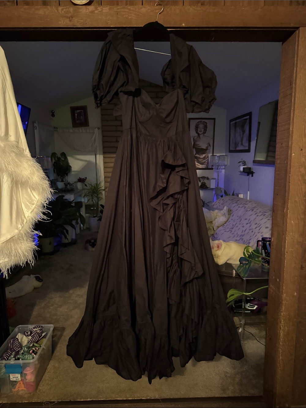 Black Ruffle Maxi Dress with Puff Sleeves